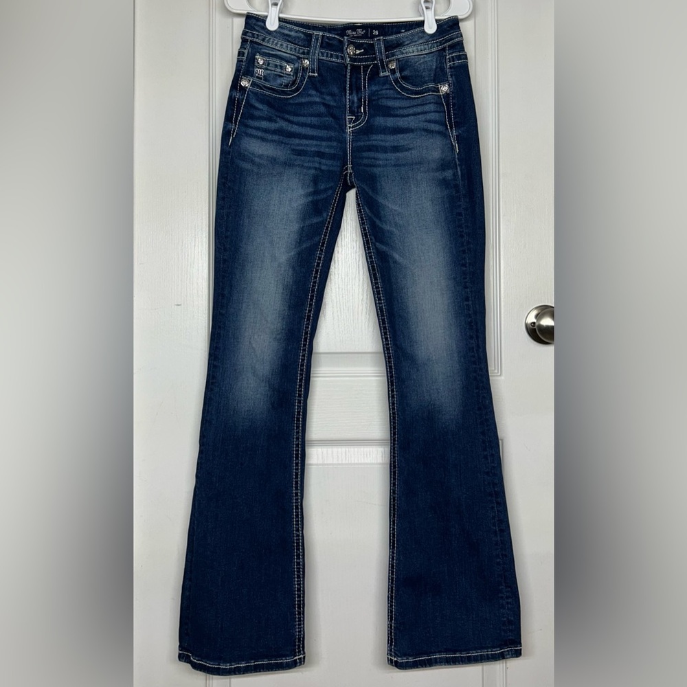 MISS ME Womens 26 MID RISE BOOT CUT Embellished Pocket Dark Wash Western